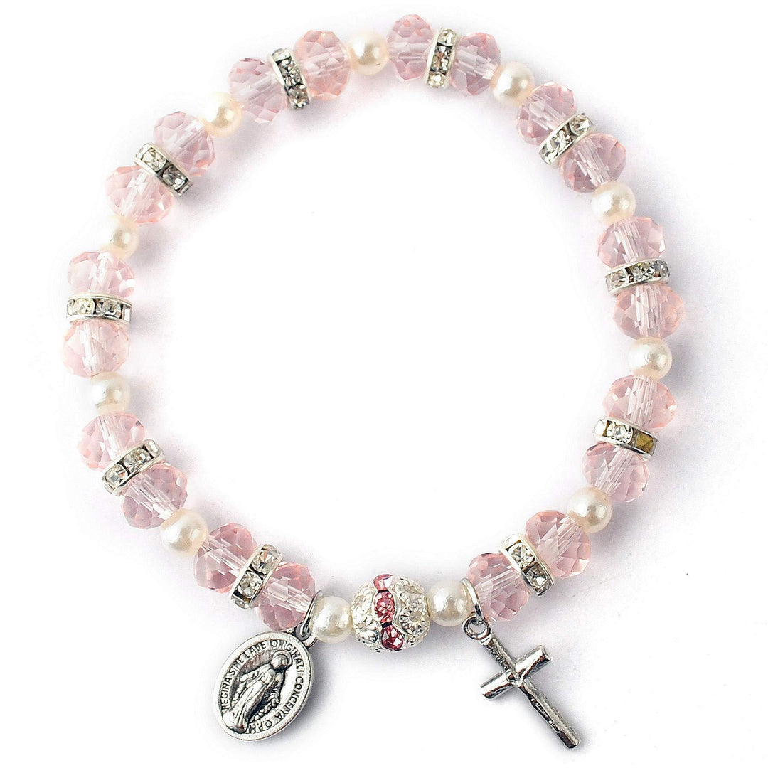 Bracciale elastico con perline di cristallo Christianartworkshop , crocifisso e medaglia miracolosa - Rosa - image 5