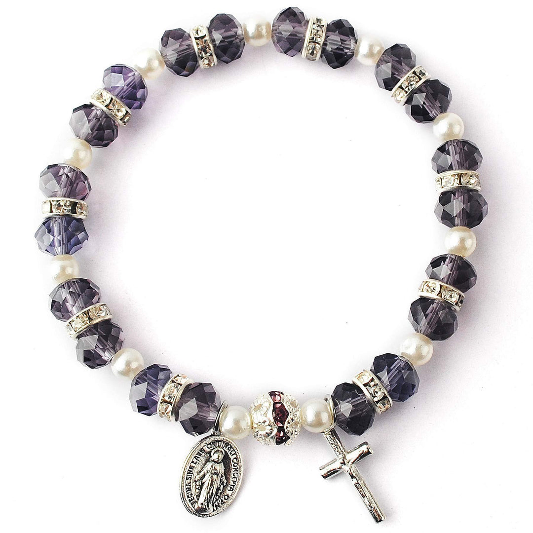 Bracciale elastico con perline di cristallo Christianartworkshop , crocifisso e medaglia miracolosa - Viola - image 7