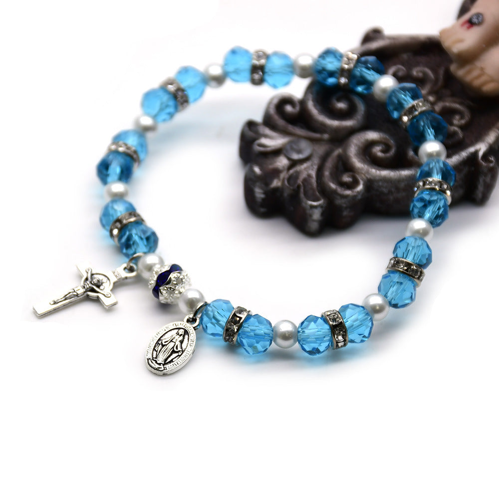 Bracciale elastico con perline di cristallo Christianartworkshop , crocifisso e medaglia miracolosa - Acqua - image 0