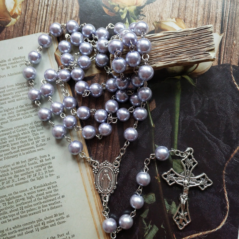 Collana cristiana con rosario di perle viola - image 2