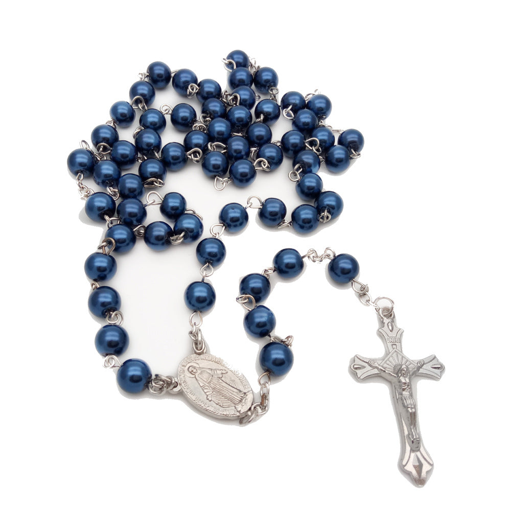 Rosario con perle blu reale, medaglia della Madonna e crocifisso - image 1