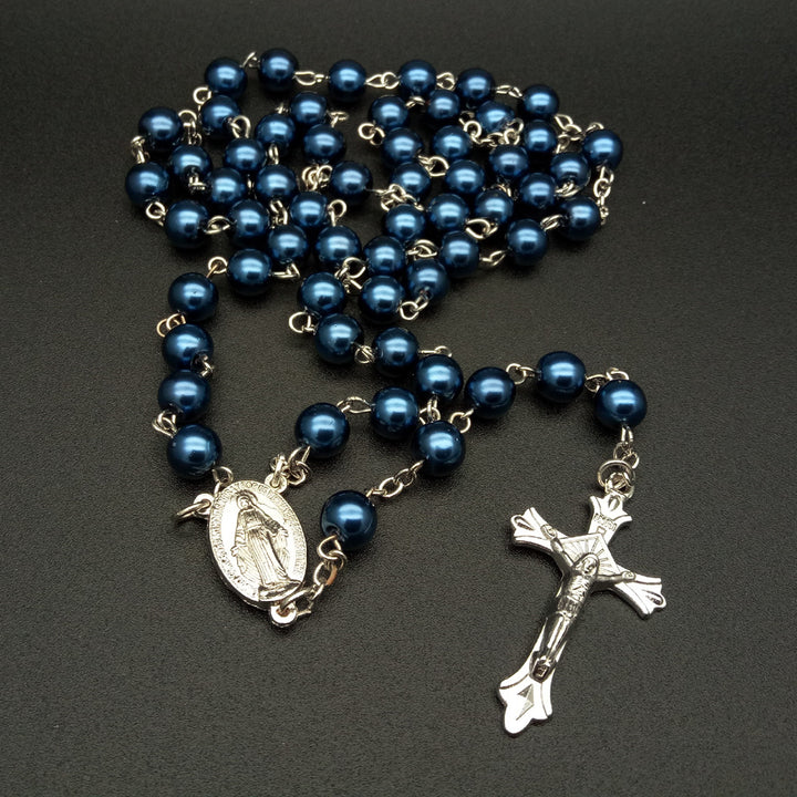Rosario con perle blu reale, medaglia della Madonna e crocifisso - Blu reale - image 0