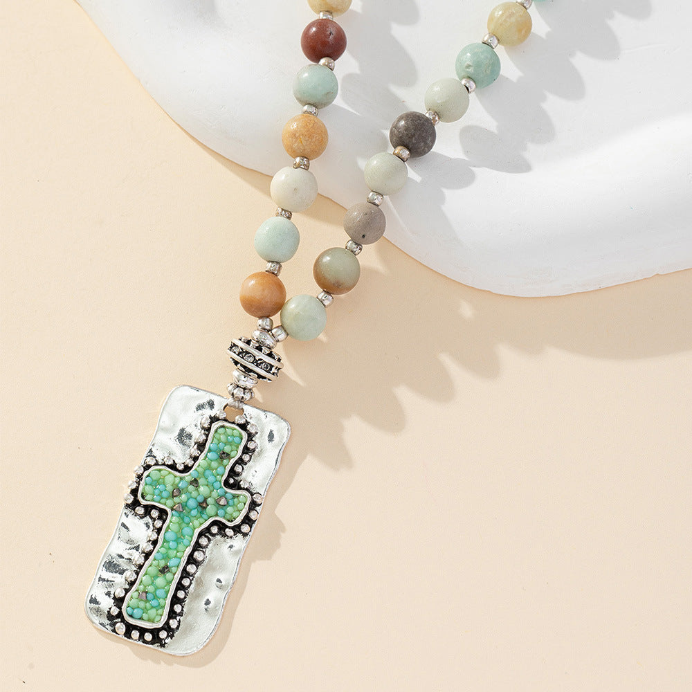 Christianartworkshop Collana di perline fatta a mano con croce in pietra naturale  - image 1