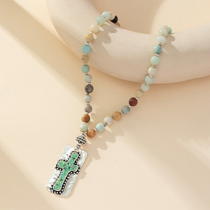 Christianartworkshop Collana di perline fatta a mano con croce in pietra naturale  - Pietra naturale - image 0