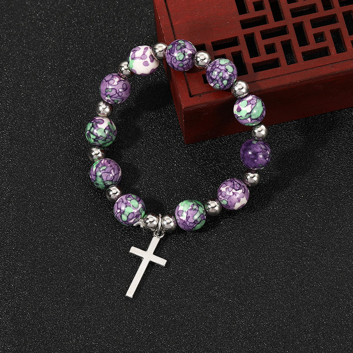 Bracciale con perline di preghiera e crocifisso Christianartworkshop con pietre viola - image 4