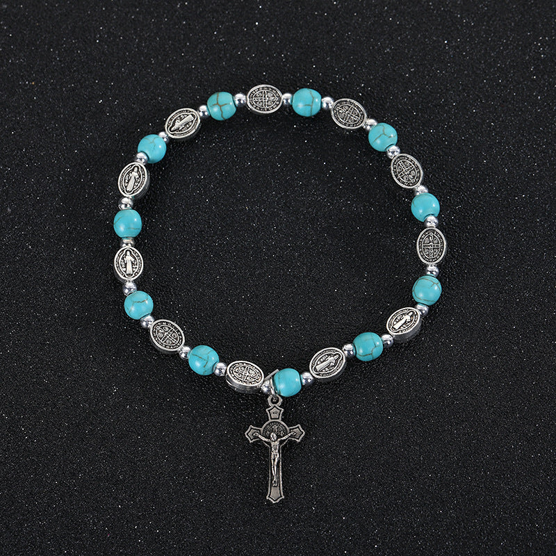 Bracciale con croce di San Benedetto in agata/turchese Christianartworkshop - Turchese - image 3