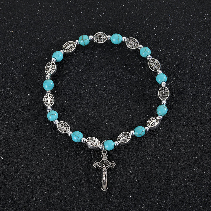 Bracciale con croce di San Benedetto in agata/turchese Christianartworkshop - Turchese - image 3