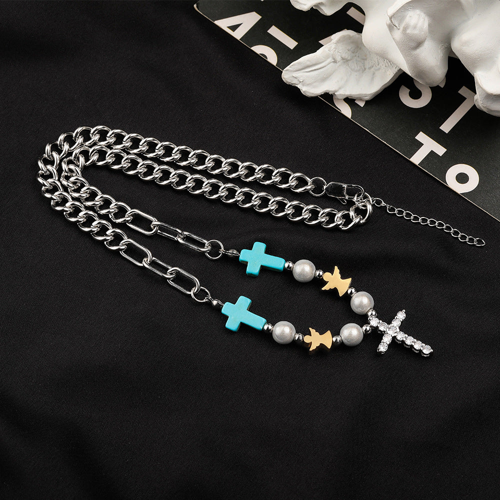 Christianartworkshop Bracciale/Collana in titanio con croce in zircone turchese fatto a mano - Collana - image 1