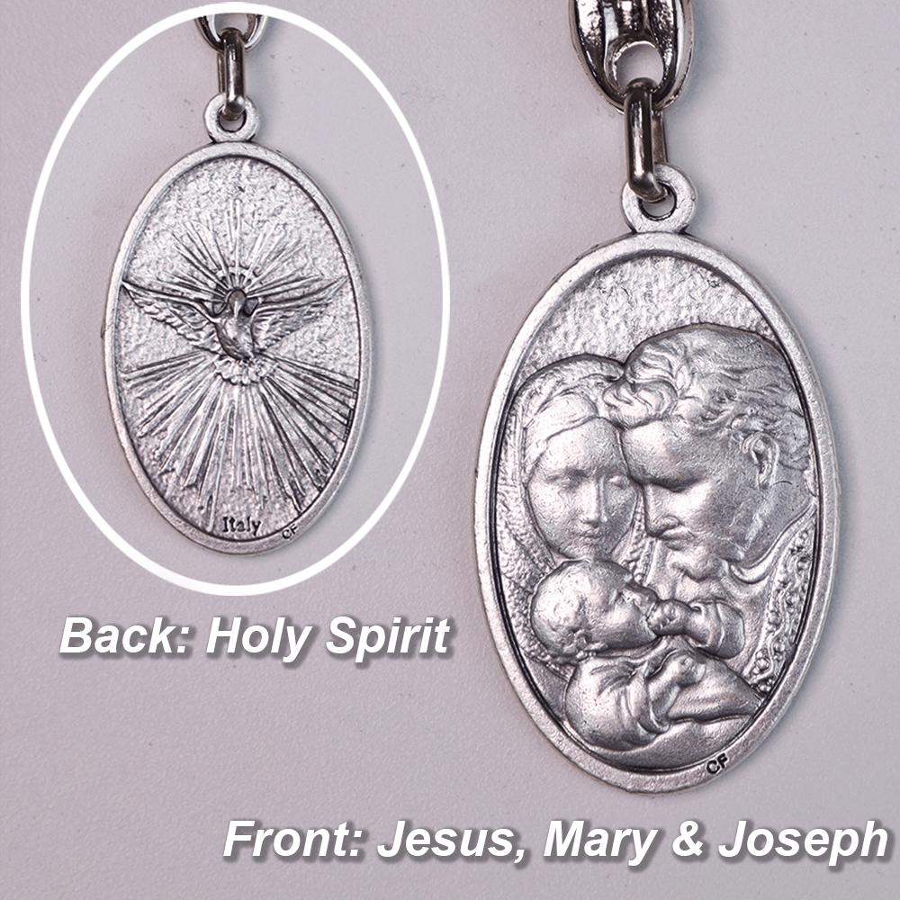 Medaglia di Maria Giuseppe con Gesù Bambino e croce della Santissima Trinità Rosario tascabile in legno di ulivo - image 2