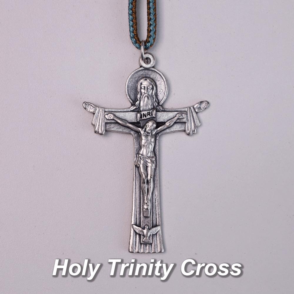 Medaglia di Maria Giuseppe con Gesù Bambino e croce della Santissima Trinità Rosario tascabile in legno di ulivo - image 1