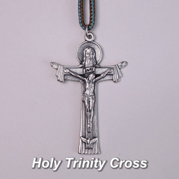 Medaglia di Maria Giuseppe con Gesù Bambino e croce della Santissima Trinità Rosario tascabile in legno di ulivo - image 1
