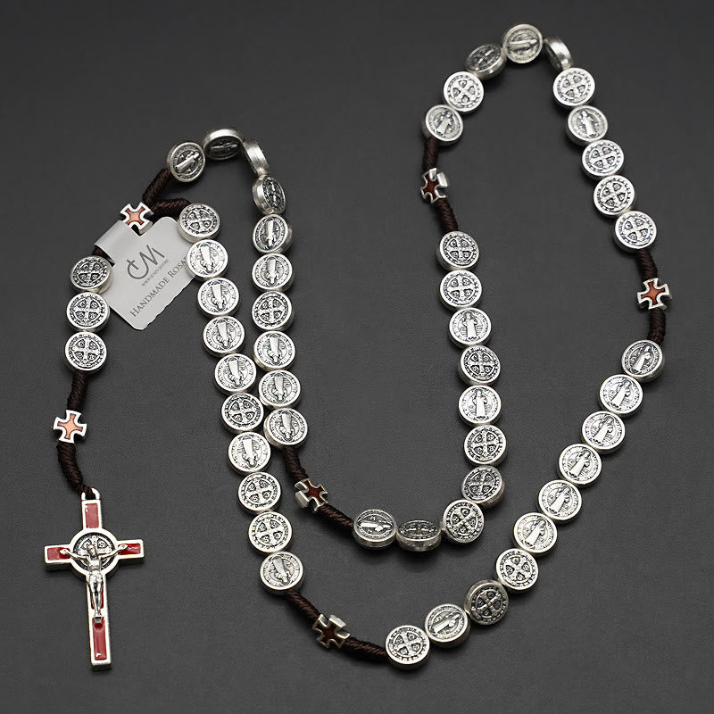 Christianartworkshop Rosario di San Benedetto con corda e decina per esorcismo/preghiera (4 colori) - Crocifisso rosso - image 0