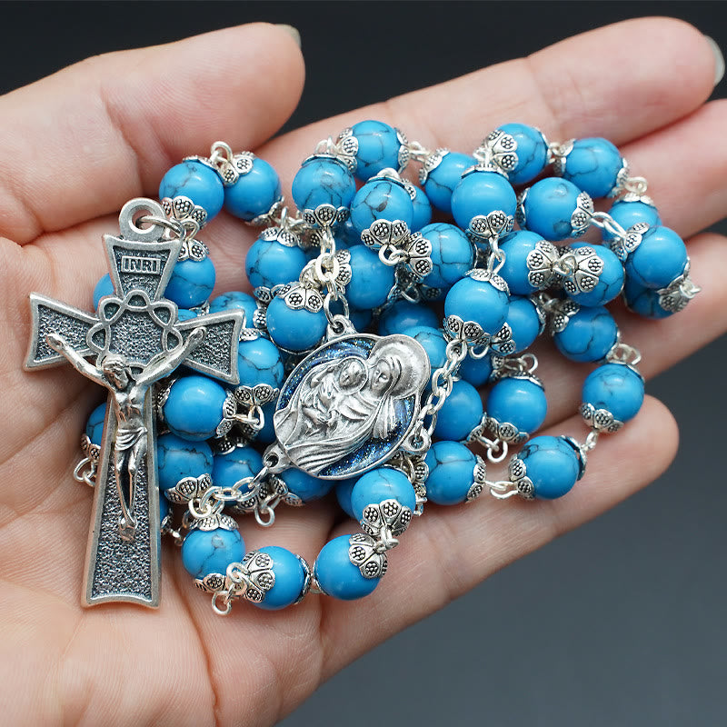 Christianartworkshop Rosario di preghiera di Cristo in turchese blu con medaglia di Maria e Gesù Bambino - image 4