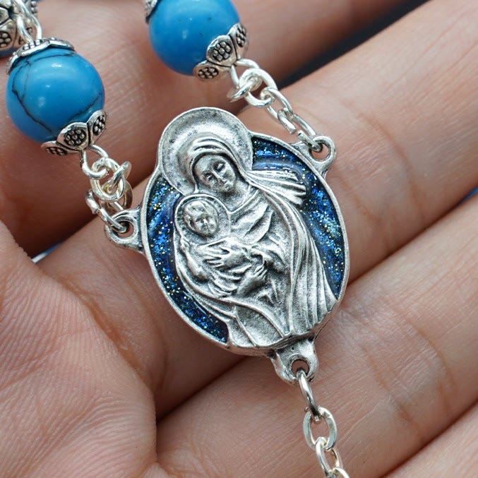 Christianartworkshop Rosario di preghiera di Cristo in turchese blu con medaglia di Maria e Gesù Bambino - image 1