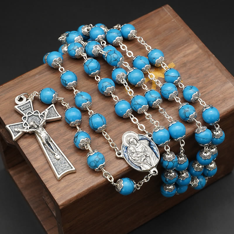 Christianartworkshop Rosario di preghiera di Cristo in turchese blu con medaglia di Maria e Gesù Bambino - Turchese blu - image 0