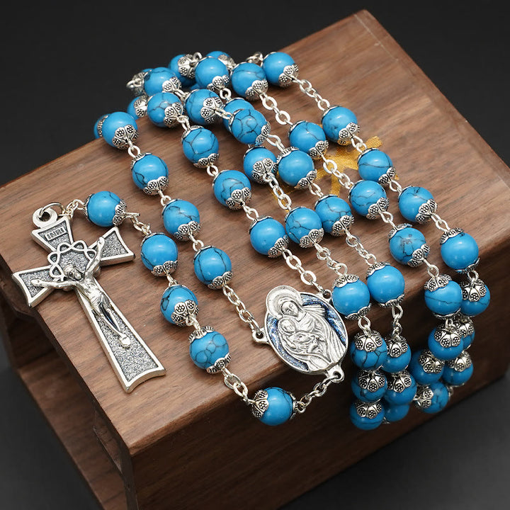 Christianartworkshop Rosario di preghiera di Cristo in turchese blu con medaglia di Maria e Gesù Bambino - Turchese blu - image 0
