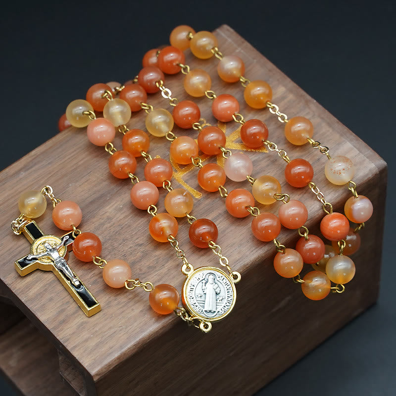 Christianartworkshop Rosario in agata naturale con San Benedetto e crocifisso - Rosso arancione - image 0