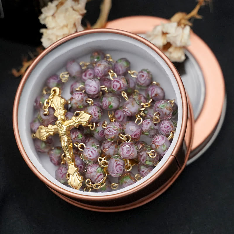 Christianartworkshop Rosario con perle smaltate a forma di rosa con Maria e crocifisso - Grigio - image 4