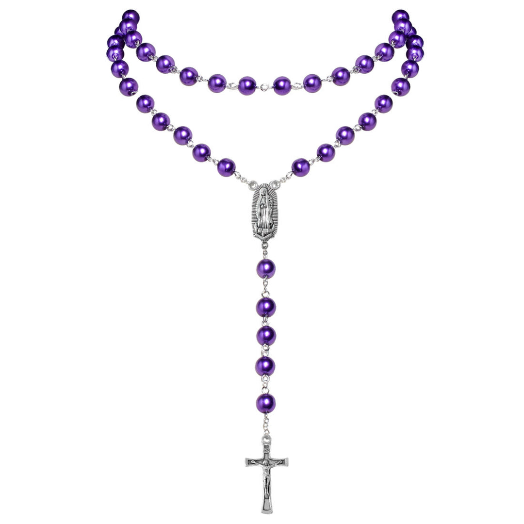 Collana di perle con ciondolo a forma di medaglia della Vergine Maria e crocifisso (4 colori a scelta) - Viola - image 6