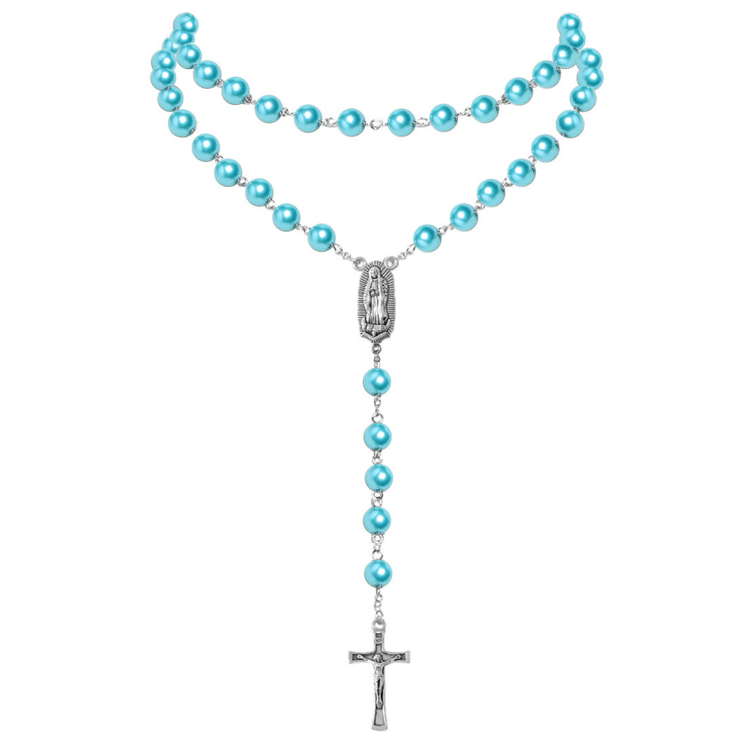 Collana di perle con ciondolo a forma di medaglia della Vergine Maria e crocifisso (4 colori a scelta) - image 5