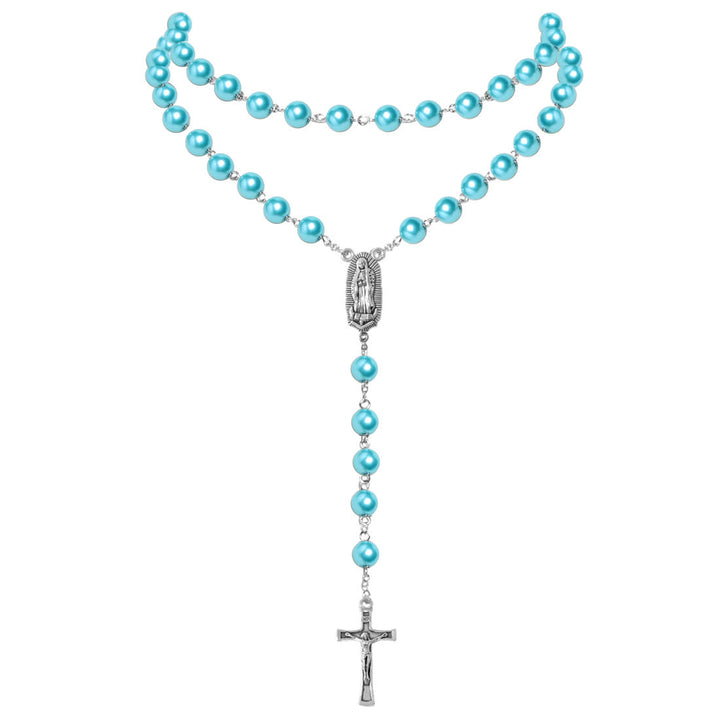 Collana di perle con ciondolo a forma di medaglia della Vergine Maria e crocifisso (4 colori a scelta) - image 5