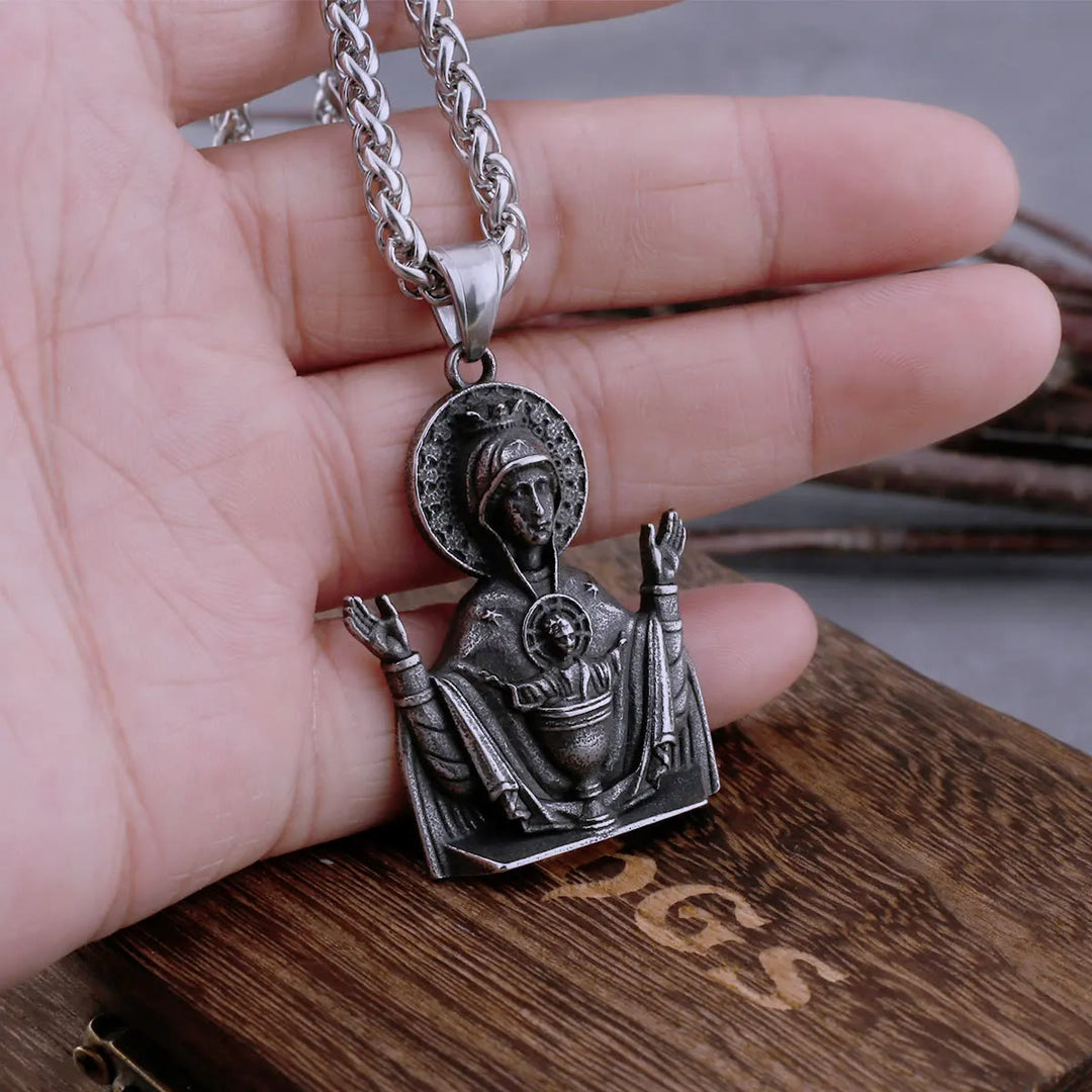 Christianartworkshop Collana con ciondolo con preghiera della Vergine Maria, medaglione cattolico in acciaio inossidabile, catena di protezione - image 2