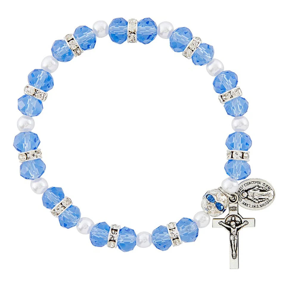 Bracciale elastico con perline di cristallo, crocifisso e medaglia miracolosa - Blu - image 0