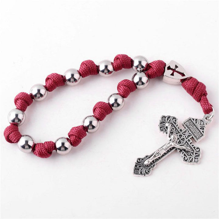 Rosario tascabile con crocifisso e ciondolo per auto in corda intrecciata fatto a mano - Rosso - image 1