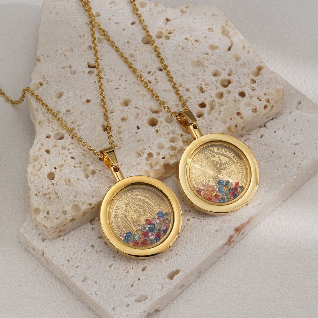 Christianartworkshop Collana reversibile rotonda in oro: Nostra Signora e San Benedetto - Vergine Maria - D'oro - image 0