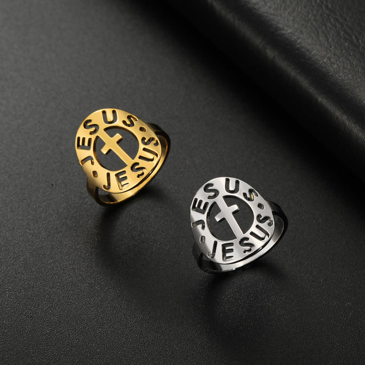 Christianartworkshop Croce con amuleto "GESÙ" Anello in acciaio inossidabile - US7 - D'oro - image 0