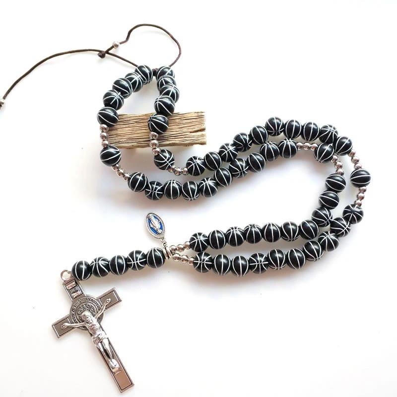 Rosario sportivo con perline sferiche da basket lavorato a mano - Nero - image 0