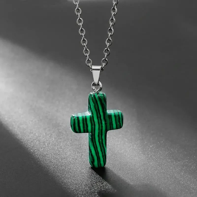 Collana con ciondolo a croce in pietra naturale Christianartworkshop - Malachite - image 1