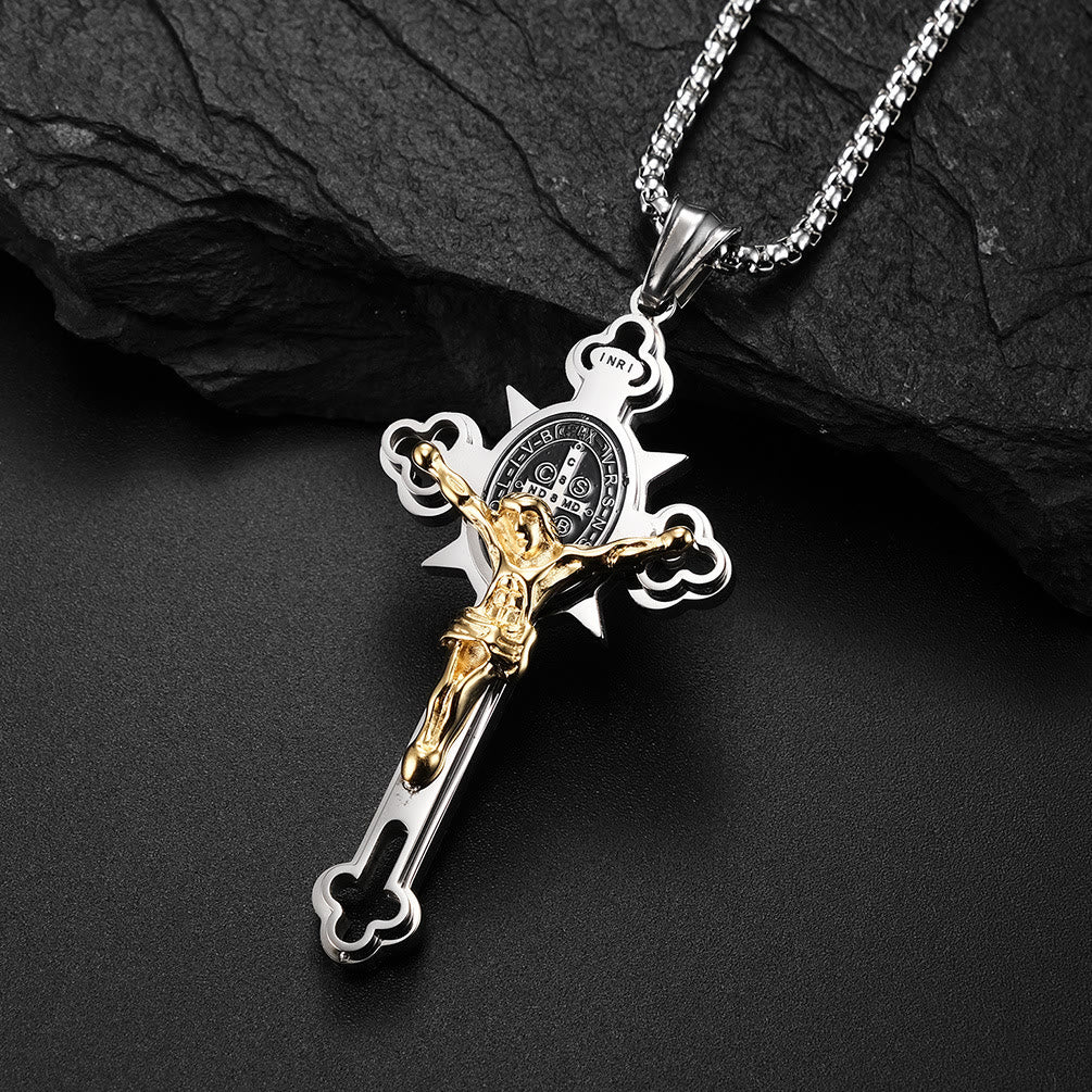 Christianartworkshop Collana con crocifisso e simbolo di San Benedetto - Oro metallizzato - 29,52''/80 cm - image 0