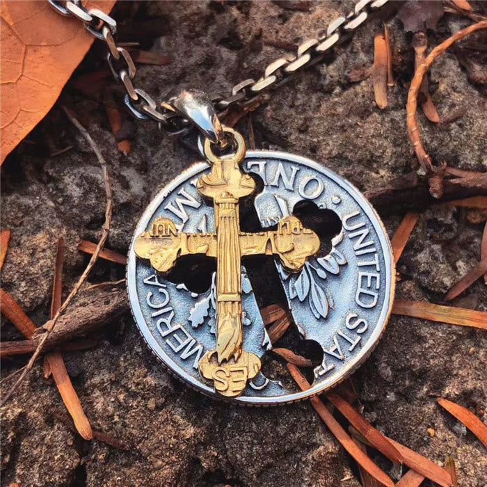 Collana con ciondolo a forma di moneta con croce bifacciale vintage Christianartworkshop - Moneta a croce - image 0