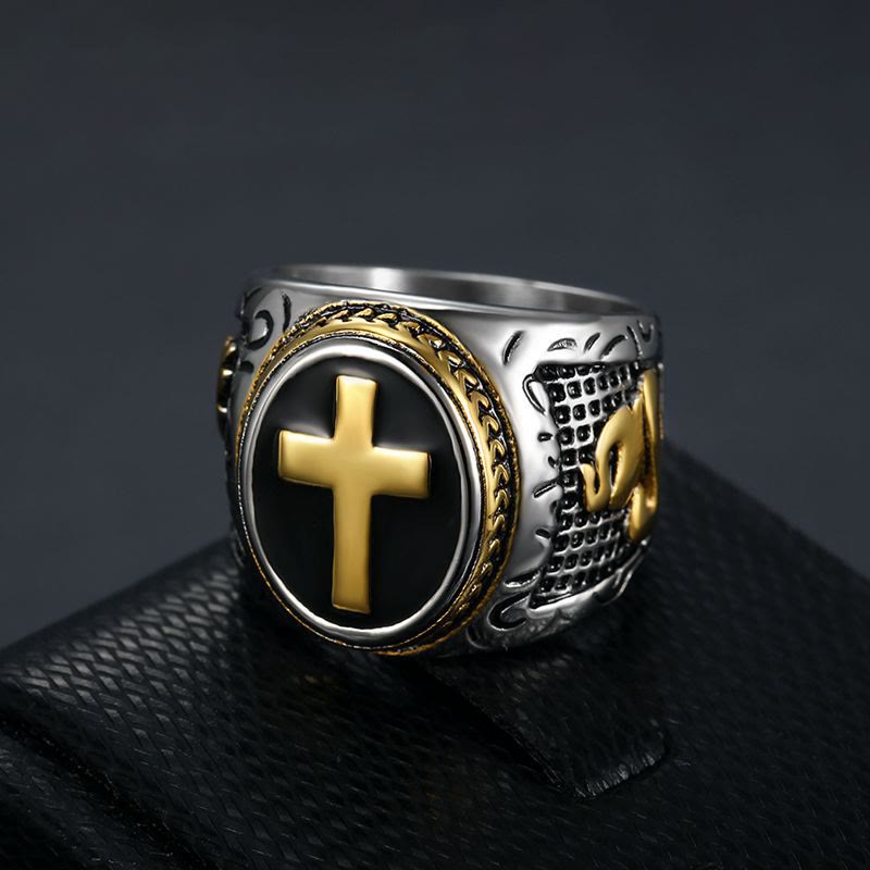 Christianartworkshop Anello religioso in titanio con croce retrò "Mano di Dio" - D'oro - US 15 - image 0