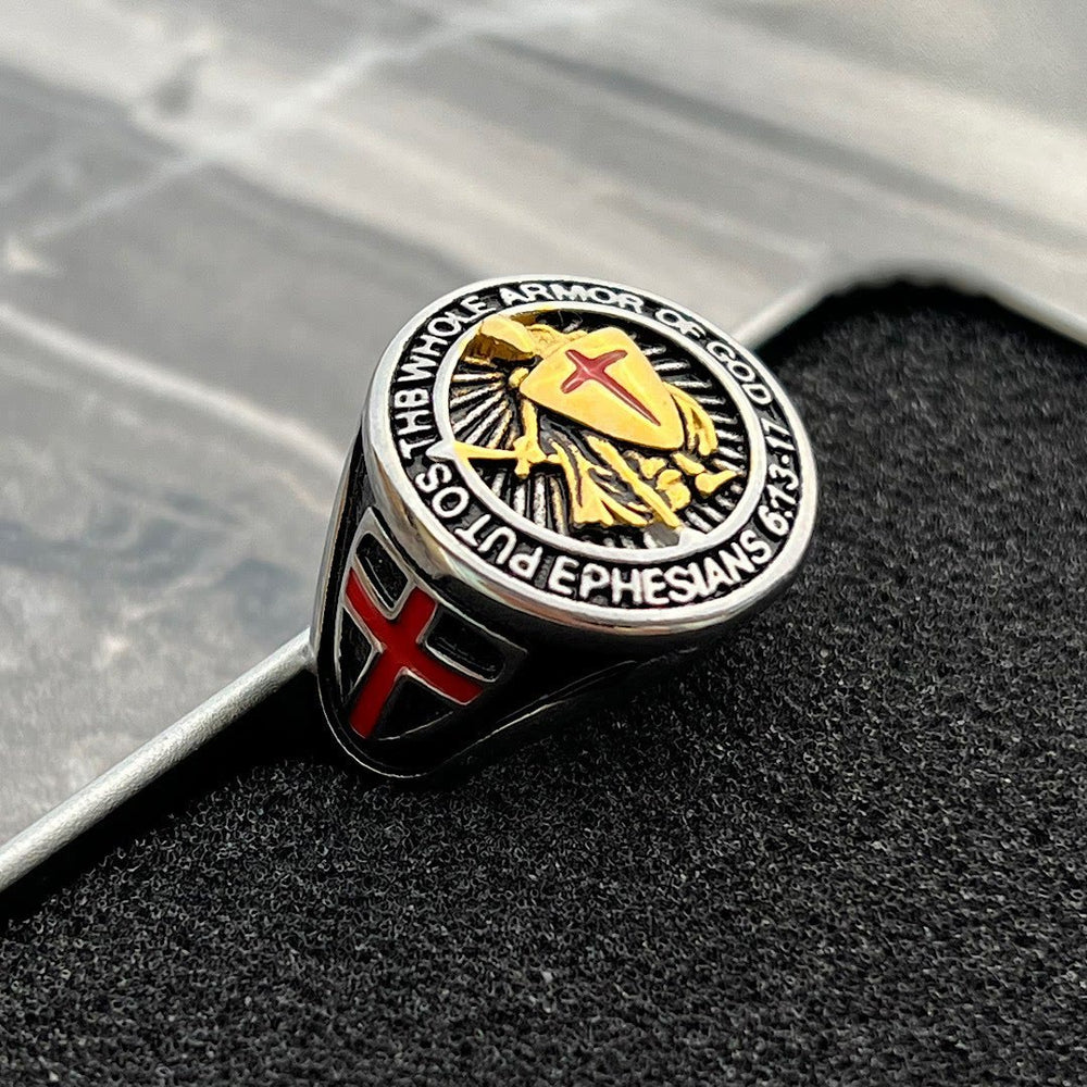 Anello di protezione in titanio con scudo e armatura da cavaliere Christianartworkshop - image 1