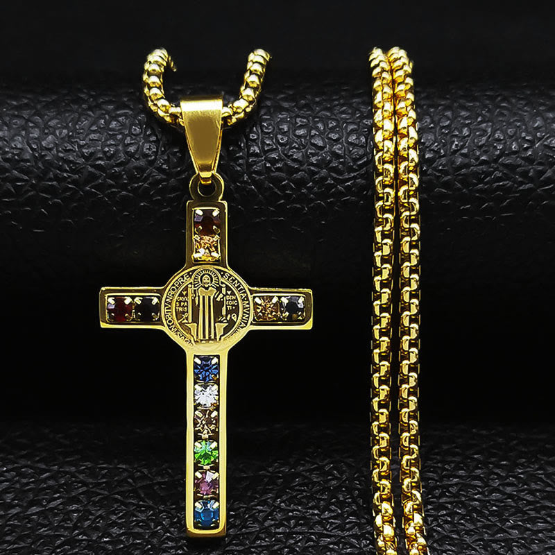 Christianartworkshop Collana di cristalli con croce di San Benedetto e Bibbia mista da 12 - D'oro - image 0