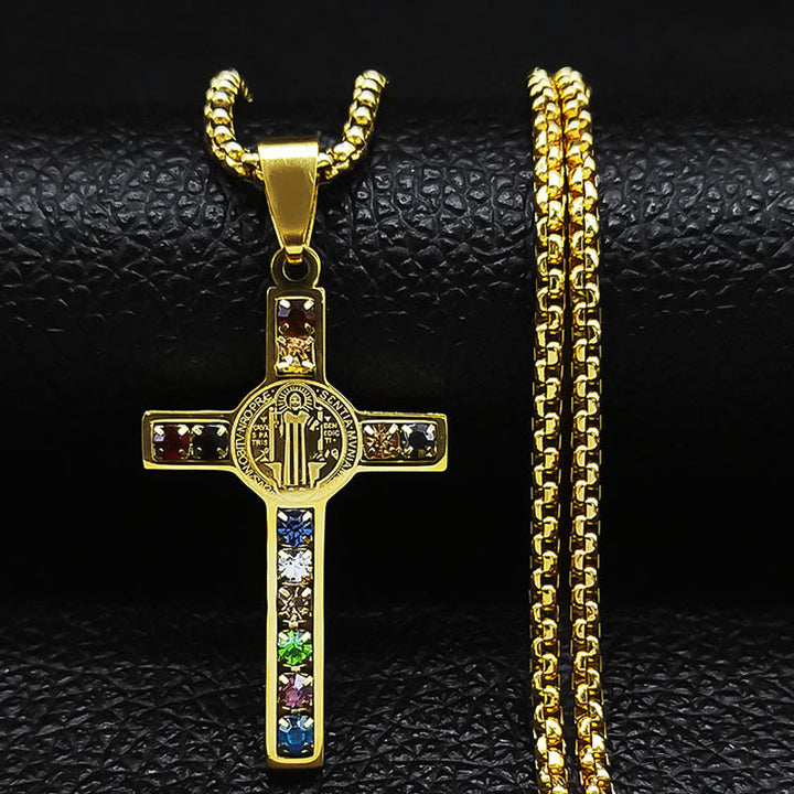 Christianartworkshop Collana di cristalli con croce di San Benedetto e Bibbia mista da 12 - D'oro - image 0