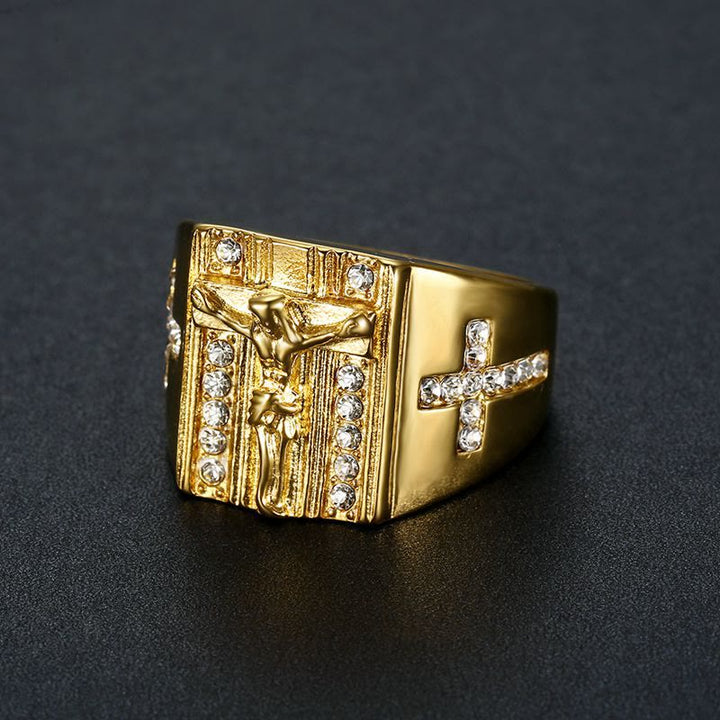 Christianartworkshop Anello religioso con crocifisso di Gesù incastonato in zirconi - D'oro - US 14 - image 0