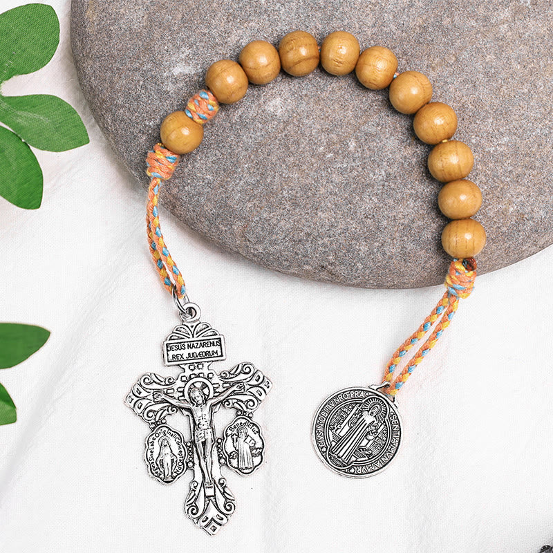 Rosario decina con medaglia di San Benedetto in legno d'ulivo Christianartworkshop - Cavo arancione colorato - image 6