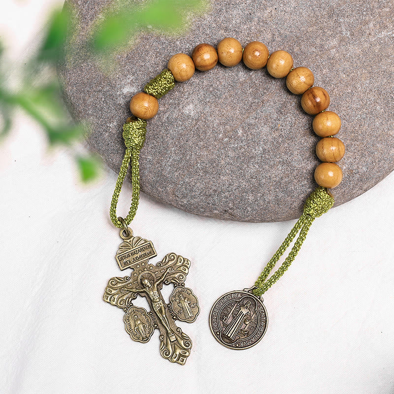Rosario decina con medaglia di San Benedetto in legno d'ulivo Christianartworkshop - Cavo verde - image 7