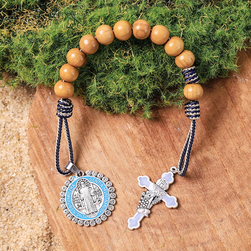 Jesus Hominum Salvator: Rosario della decina in legno d'ulivo - Cordoncino blu e bianco - image 0