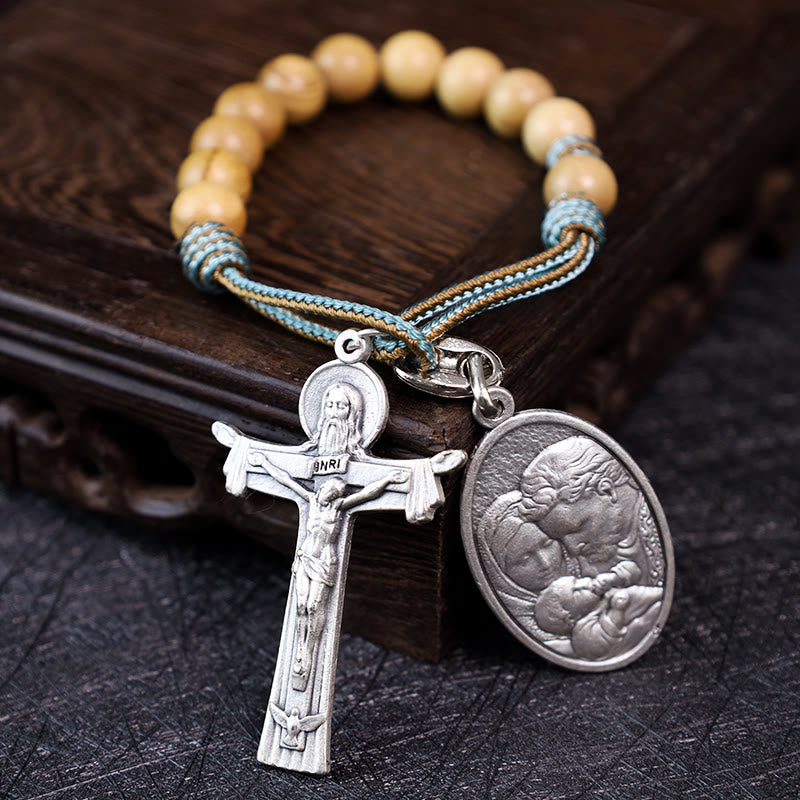 Medaglia di Maria Giuseppe con Gesù Bambino e croce della Santissima Trinità Rosario tascabile in legno di ulivo - image 5