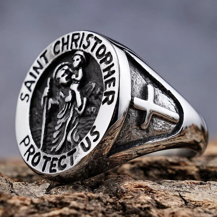 Christianartworkshop Anello con sigillo della medaglia di San Cristoforo "Proteggici" - Argento - US 13 - image 6