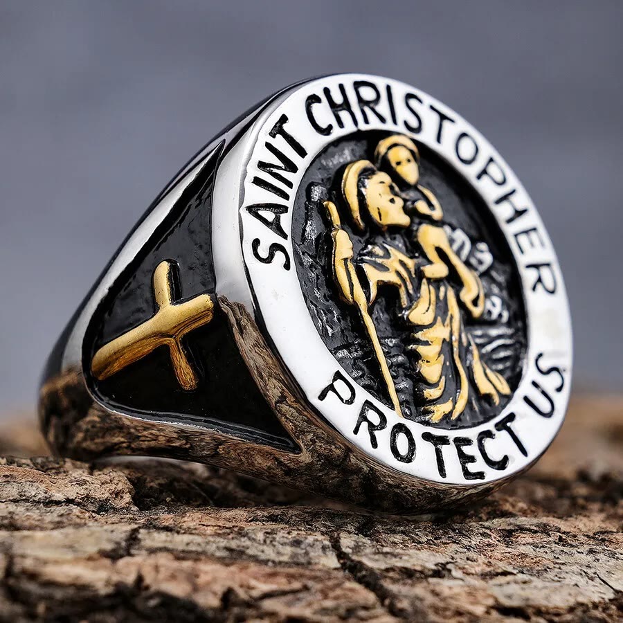 Christianartworkshop Anello con sigillo della medaglia di San Cristoforo "Proteggici" - Argento-oro - US 13 - image 0