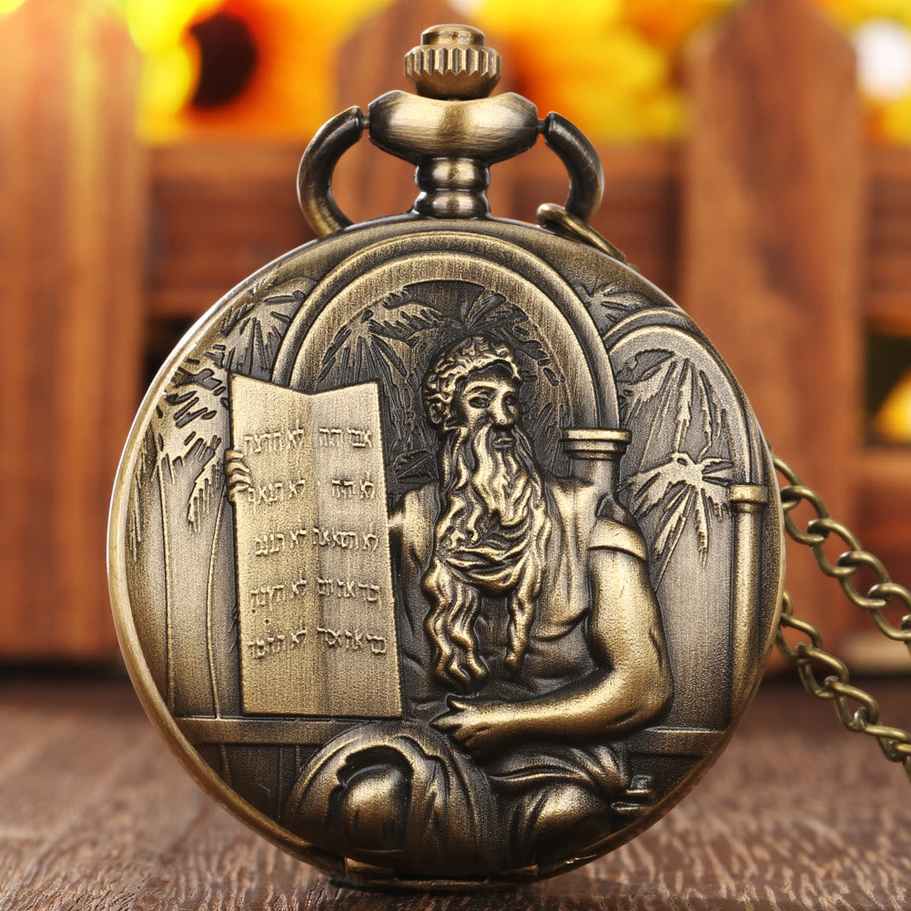 Orologio da tasca in bronzo con movimento al quarzo e Bibbia di Gesù - Catena per la vita (14,5'') - image 0