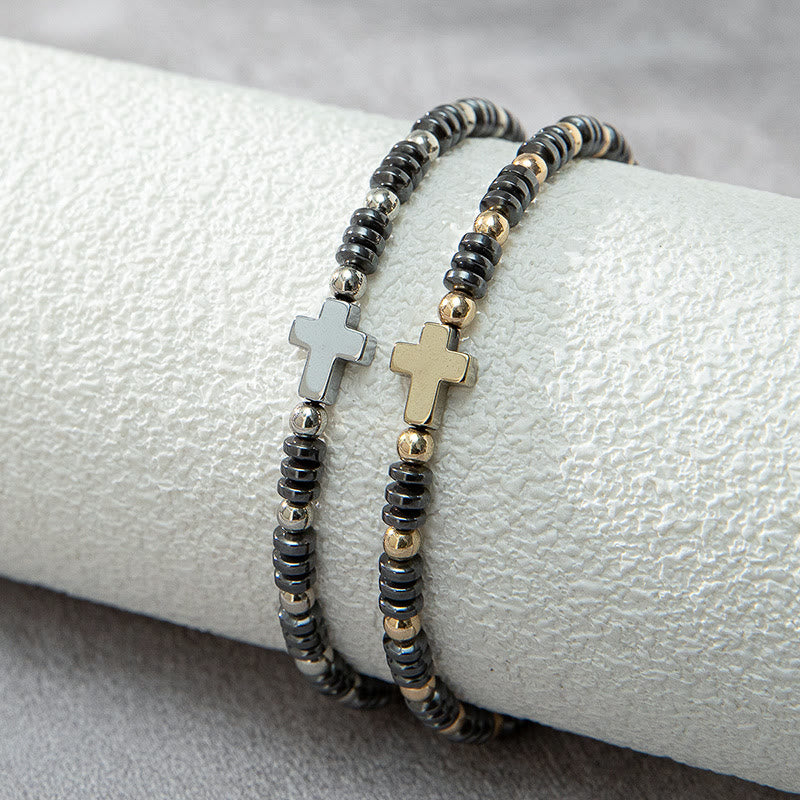 Christianartworkshop Braccialetto impilabile in ematite con perline e decorazione a croce, 2 pezzi - image 1