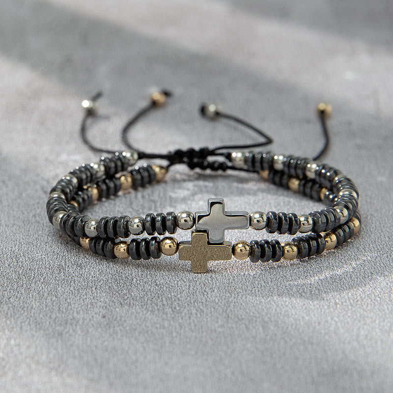 Christianartworkshop Braccialetto impilabile in ematite con perline e decorazione a croce, 2 pezzi - Ematite - image 0