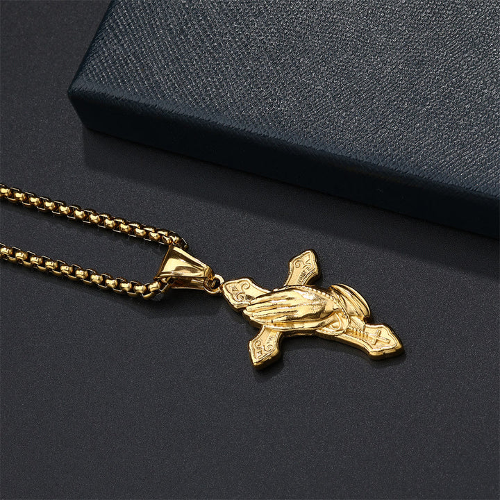 Collana con ciondolo in acciaio inossidabile con croce e mani in preghiera di Christianartworkshop - image 9