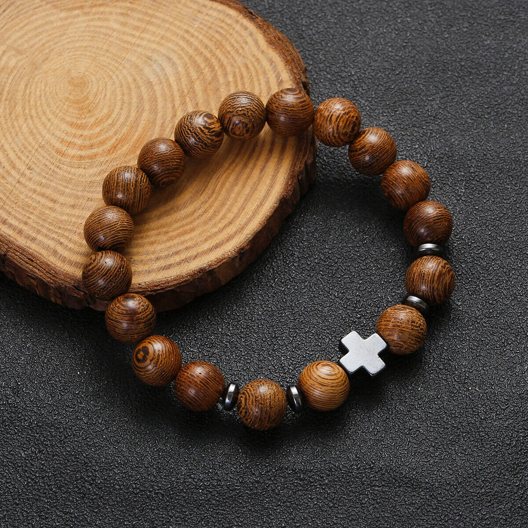 Braccialetto con croce e perline di legno Christianartworkshop - Di legno - image 0